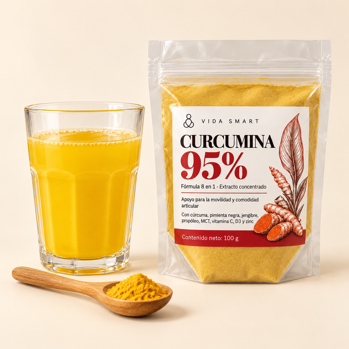 Curcumina 95 de Vida Smart con un vaso de leche dorada